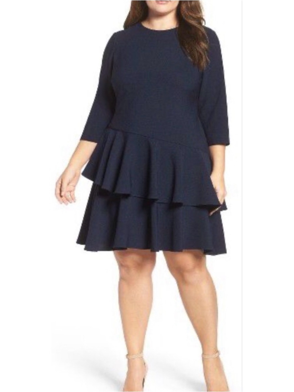 Eliza J  Dress Ruffled Tiered 3/4 Sleeve 16W Sheath Navy Blue NEW 3084